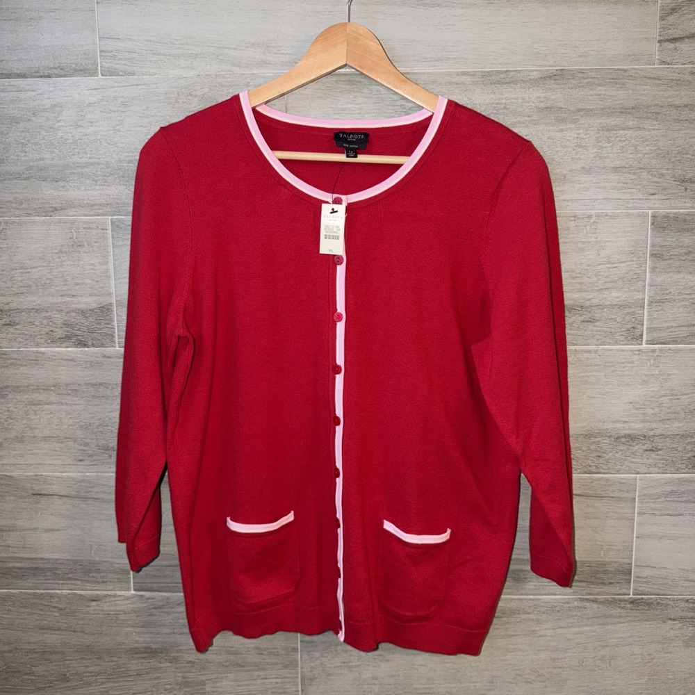 Talbots Pima Cotton Full Button Cardigan Womens Size LP Red Pink Preppy NWT
